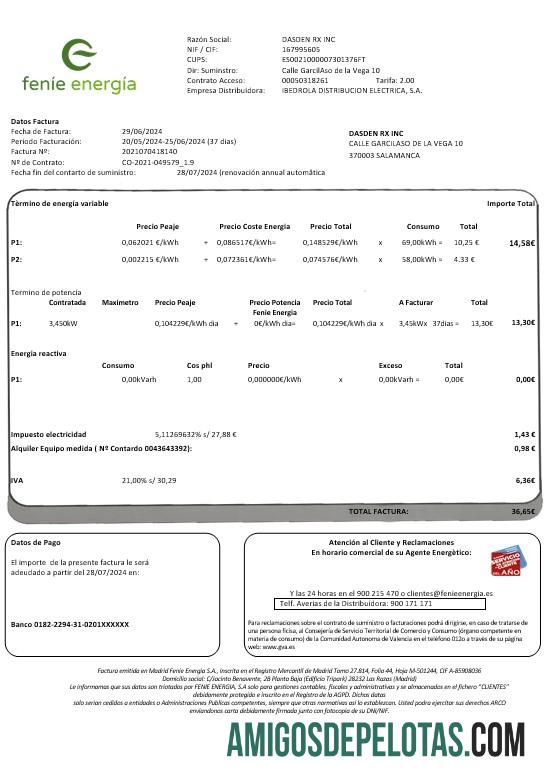Para baixar modelo de conta de serviços públicos da Espanha Feníe Energía em formatos Word e PDF